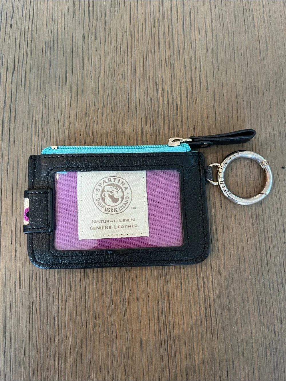 Spartina 449 Black Floral Cardholder with Turquoise Zip and Keyring